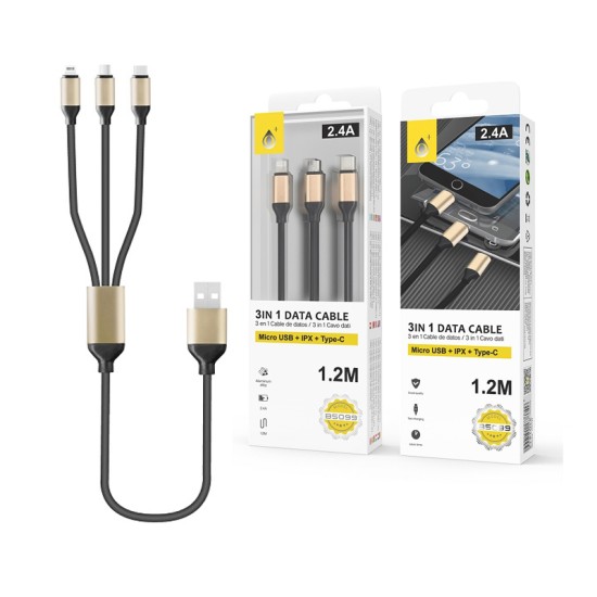 CABO DE CARREGAMENTO ONEPLUS 3 EM 1 B5099 PARA MICROUSB, IPHONE, TIPO C, 2A, 1.2M PRETO DOURADO